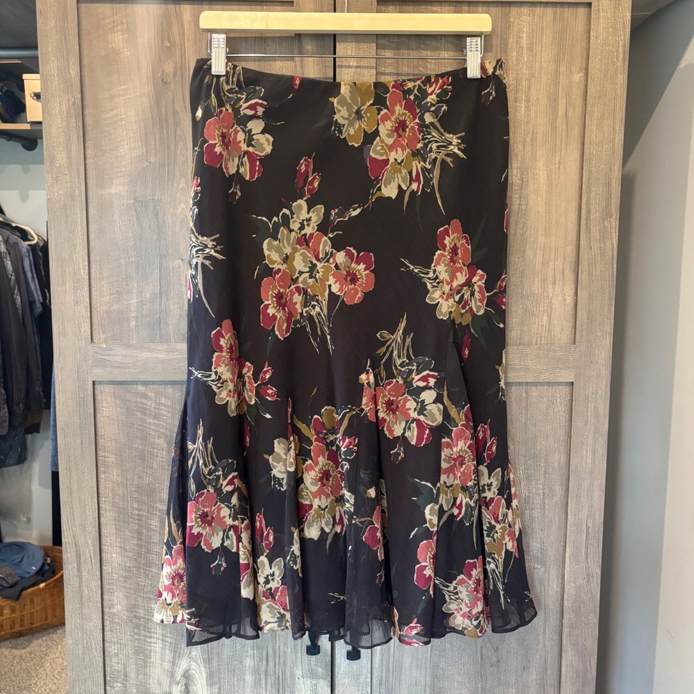 Lauren Ralph Lauren Brown Floral Chiffon Midi Skirt Medium Flounce Hem